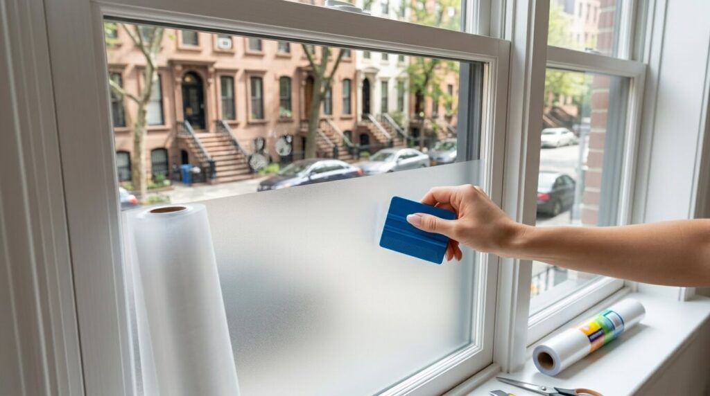 Applying frosted privacy film to physically stop a dog barking at window passersby