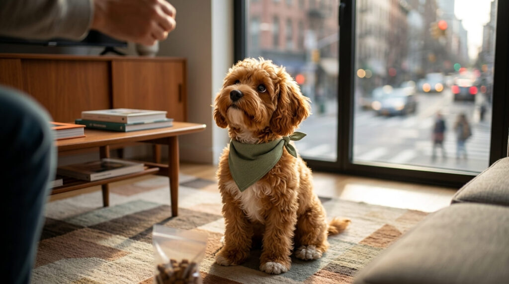 A calm puppy looking at its owner after successfully treating a dog barking at window passersby
