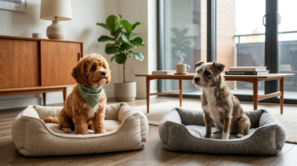 Two calm dogs sitting on separate beds showing the reality of keeping two dogs in small apartment