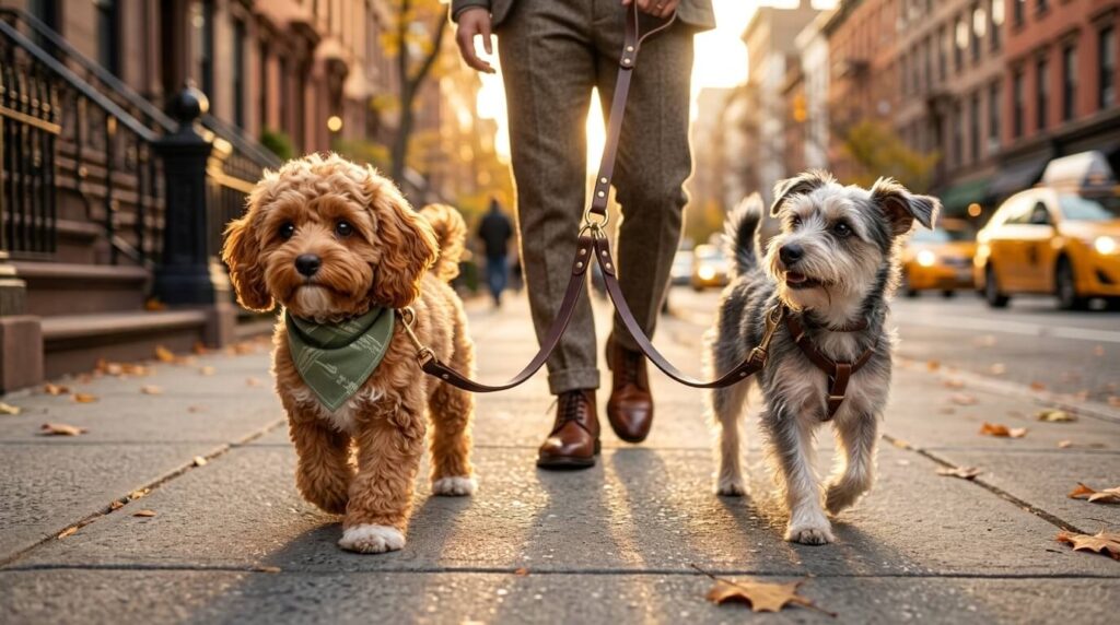 An owner walking a Cavapoo and a rescue dog proving two dogs in small apartment settings can thrive