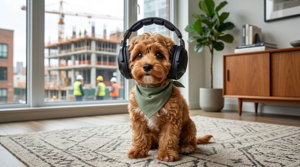 A Cavapoo puppy wearing black dog noise cancelling headphones to survive apartment renovations