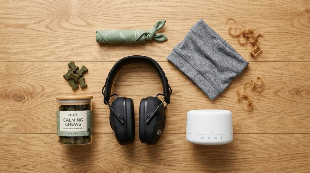 A flat-lay of renovation survival gear featuring the best dog noise cancelling headphones