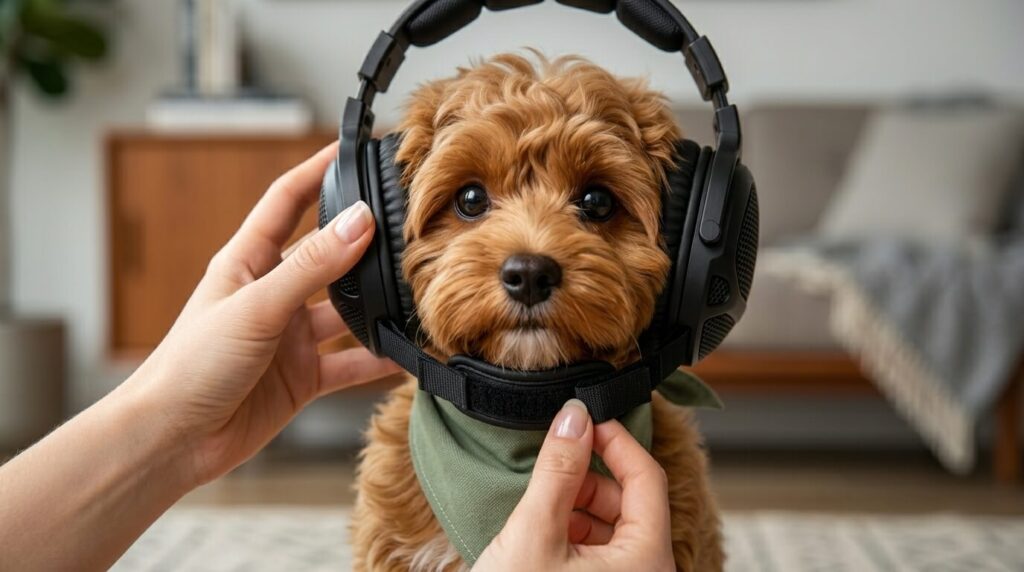 An owner adjusting the straps on premium dog noise cancelling headphones