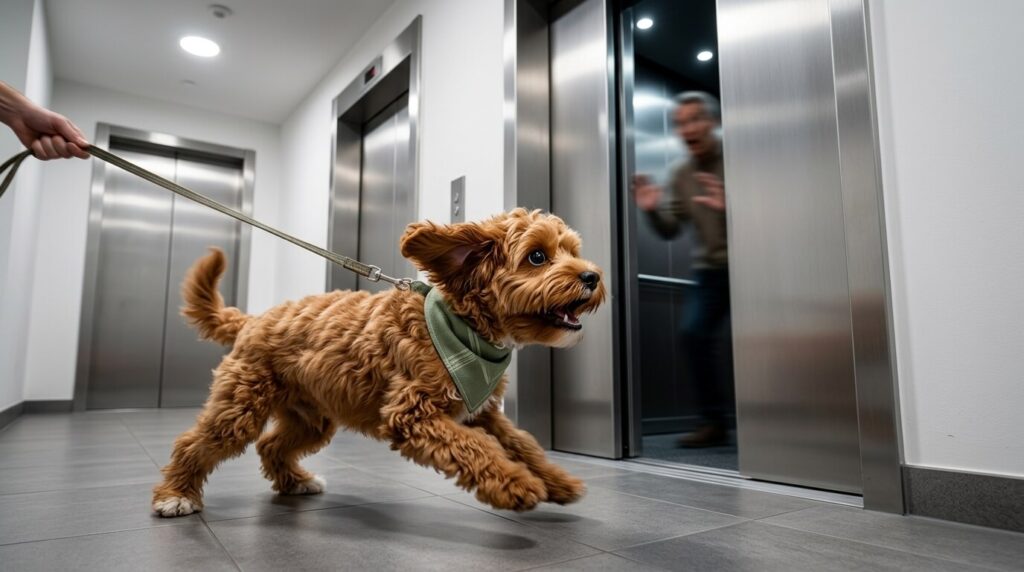 A Cavapoo pulling on a leash showing the danger of a dog lunging at elevator door openings