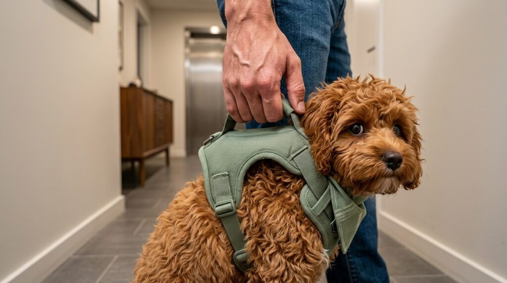 Using a harness handle to control a dog lunging at elevator door
