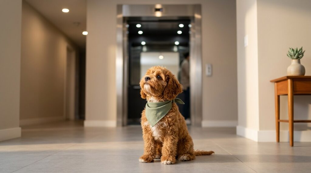 A well-trained polite dog sitting calmly avoiding a dog lunging at elevator door scenario