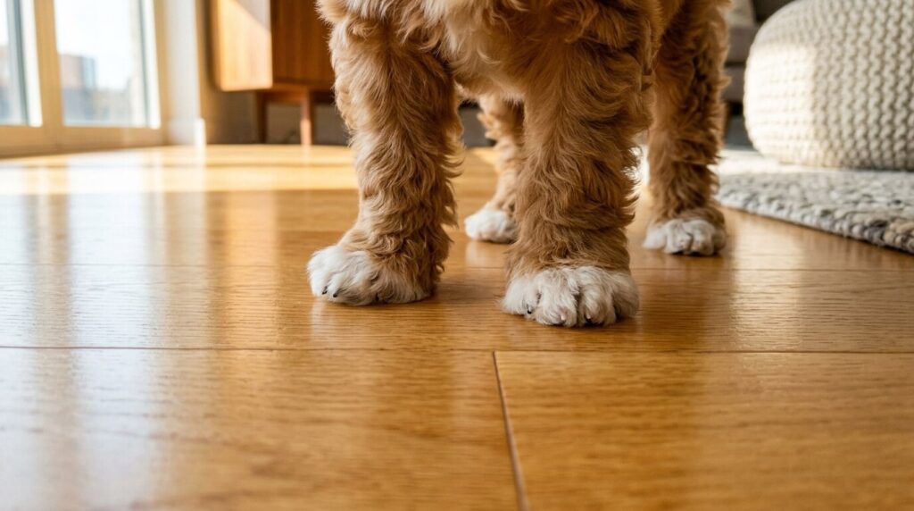 A Cavapoo standing on hardwood floors showing the need for the best dog nail grinder
