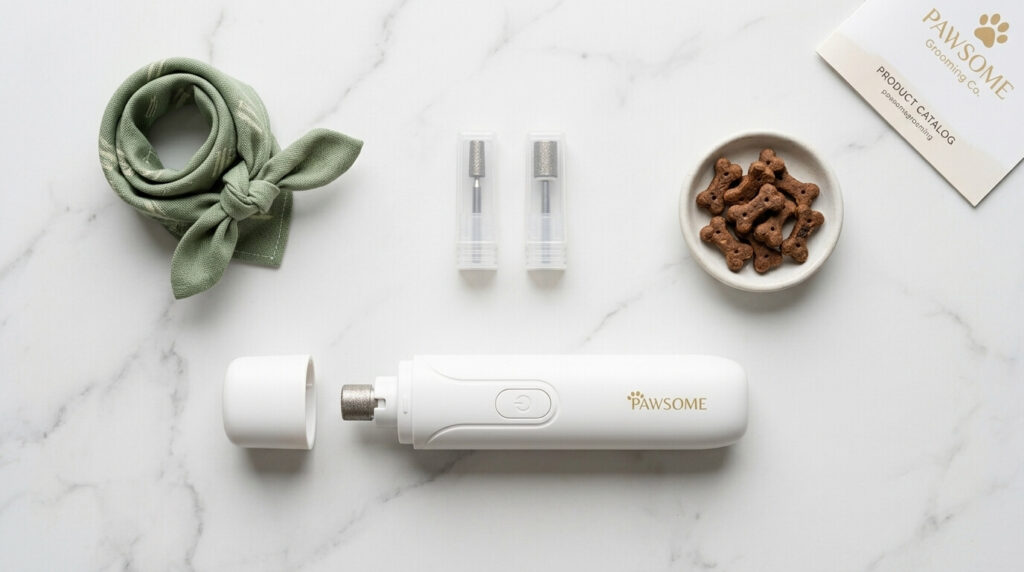 A flat-lay of a quiet electric tool rated as the best dog nail grinder for anxious pets