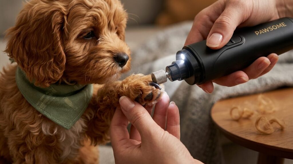 Safely filing a dog's nails with an LED-equipped tool chosen as the best dog nail grinder