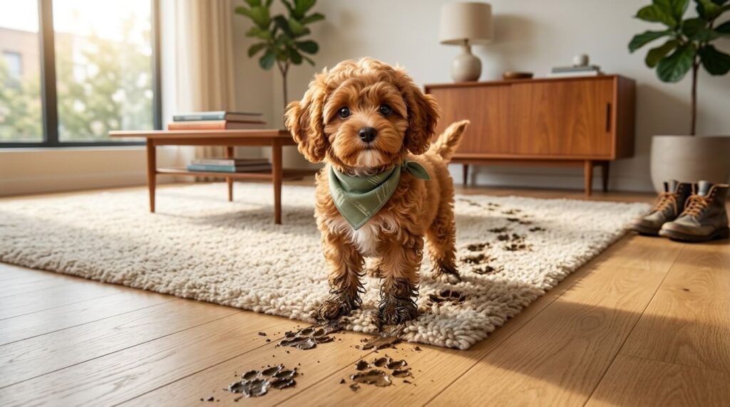 A Cavapoo with muddy paws showing the urgent need for a portable dog paw washer