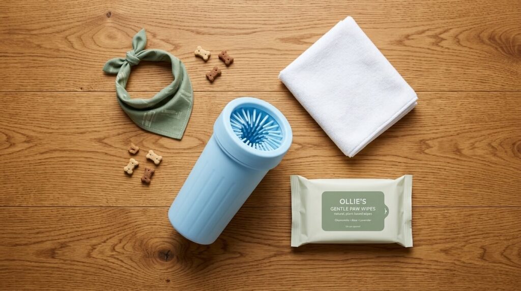 A flat-lay of cleaning tools featuring the best portable dog paw washer