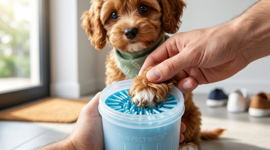 An owner safely cleaning their dog's feet using a portable dog paw washer
