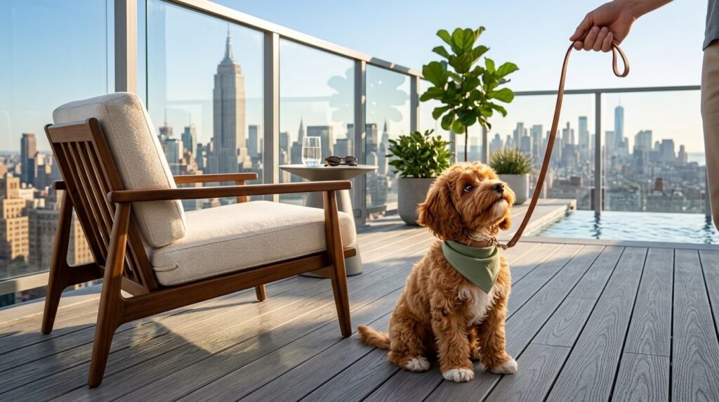 A polite Cavapoo sitting on a roof deck demonstrating perfect apartment dog social etiquette