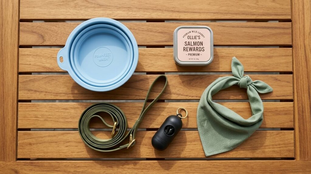 A flat-lay of essential gear needed to maintain good apartment dog social etiquette