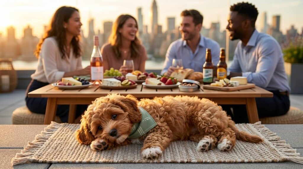 A trained dog ignoring food and relaxing on a mat mastering apartment dog social etiquette