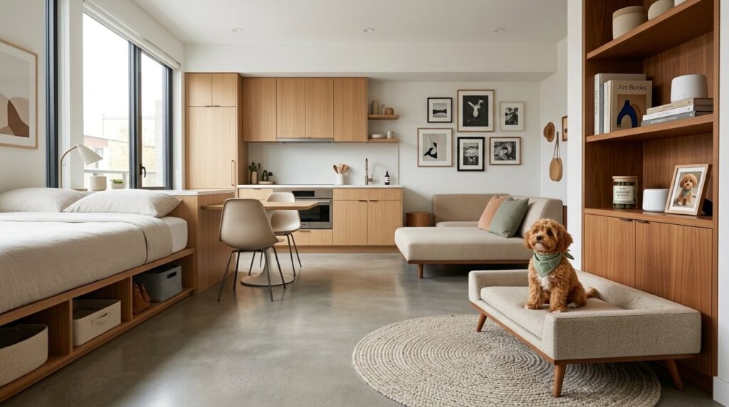 A Cavapoo sitting in a designated zone showing the best dog in studio apartment tips
