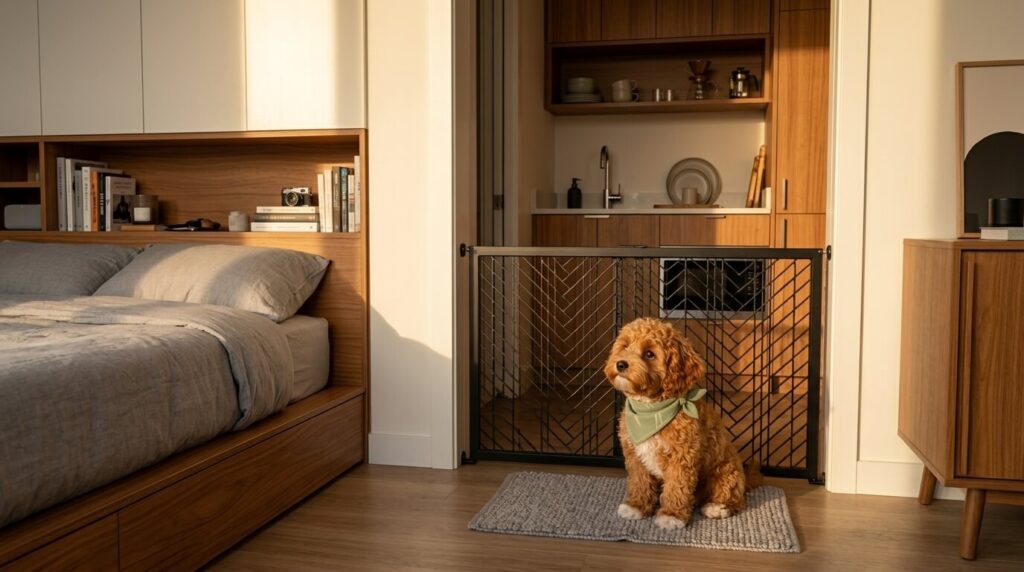 A freestanding pet gate creating boundaries representing the best dog in studio apartment tips