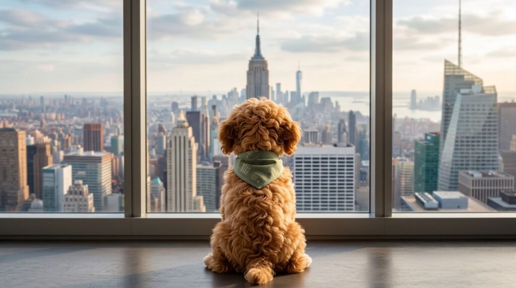 A Cavapoo puppy gazing at the city skyline demonstrating typical dog looking out window behavior