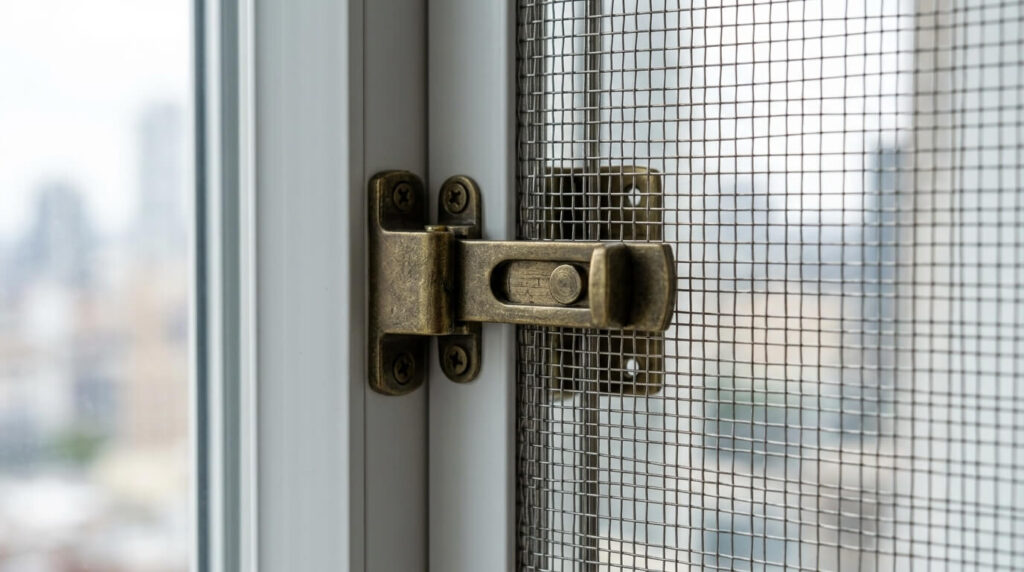 A secure window lock installed to prevent high-rise syndrome during dog looking out window behavior