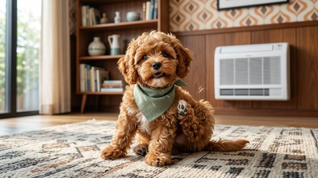 A Cavapoo scratching its itchy belly demonstrating the need for a dog humidifier for dry skin
