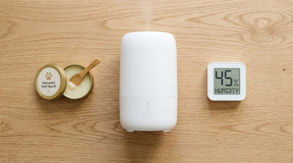 A flat-lay featuring a digital hygrometer and the best dog humidifier for dry skin
