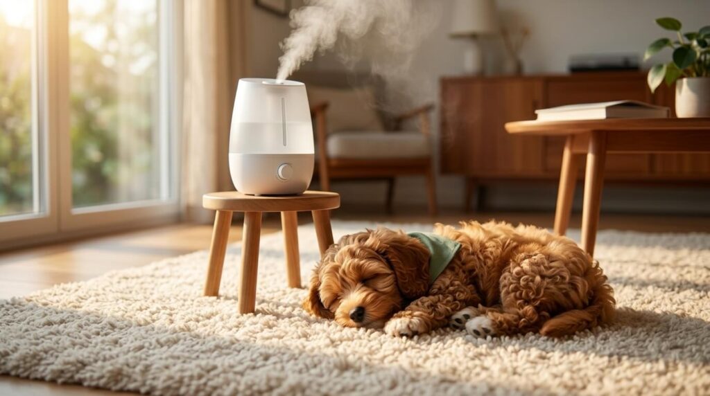 A puppy sleeping peacefully near a cool mist stream from a dog humidifier for dry skin