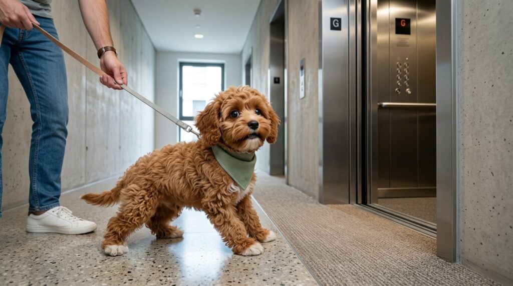 A Cavapoo planting his feet showing classic signs of a dog scared of elevators