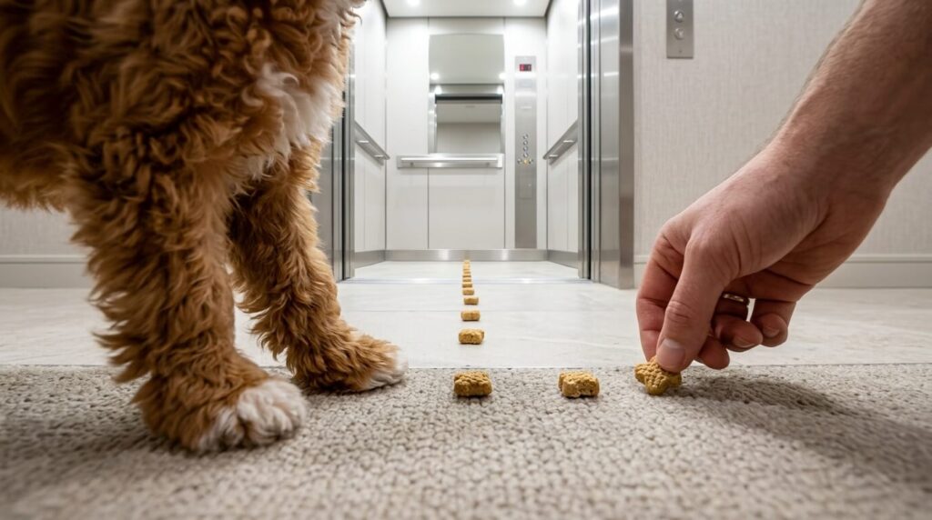 Using a trail of treats to counter-condition a dog scared of elevators