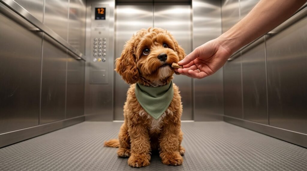 A calm and happy puppy successfully cured of being a dog scared of elevators