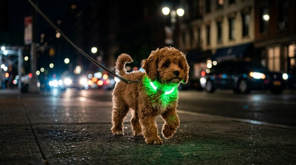 A Cavapoo walking at night wearing an illuminated led dog collar for night safety