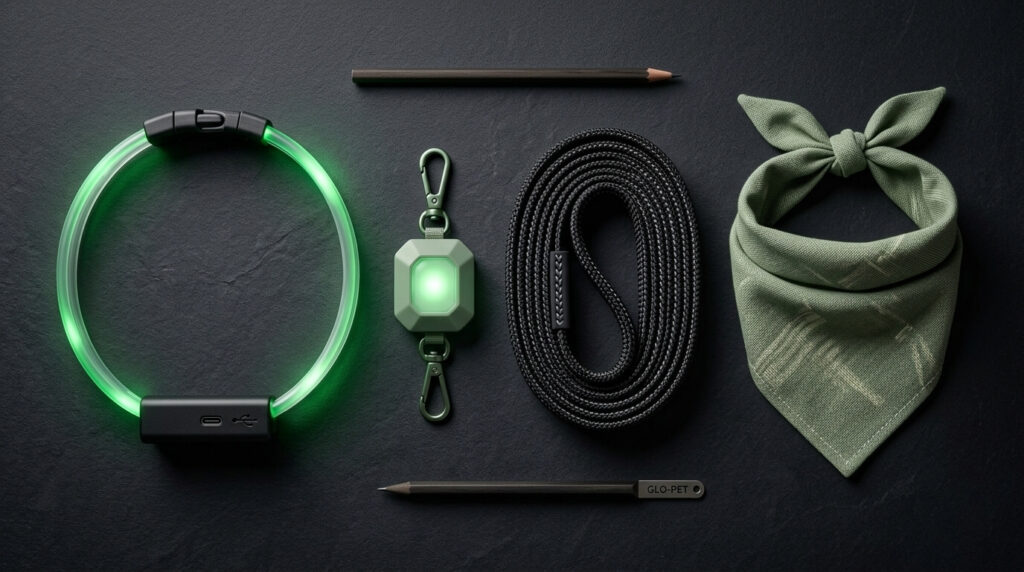A flat-lay of reflective gear and the best led dog collar for night safety