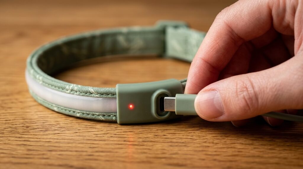 Charging a USB-rechargeable led dog collar for night safety before a walk