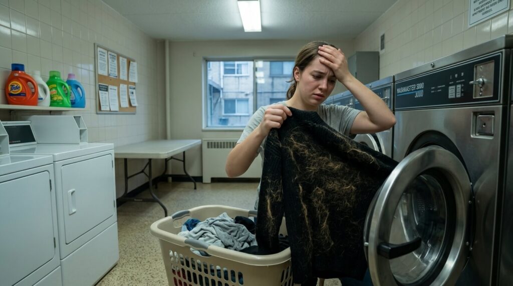 A stressed apartment renter pulling a hairy sweater from a shared washer showing the need to remove dog hair from laundry