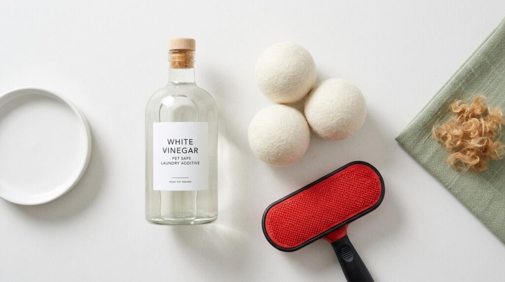 A flat-lay of white vinegar and wool dryer balls used to safely remove dog hair from laundry