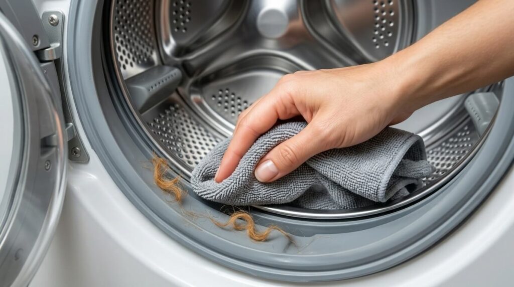 Wiping down a communal washing machine drum after figuring out how to remove dog hair from laundry

