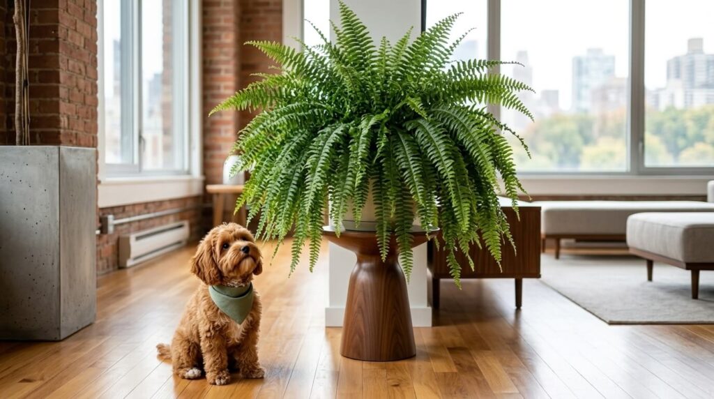 A Cavapoo puppy looking at a Boston Fern as one of the best dog safe air purifying plants