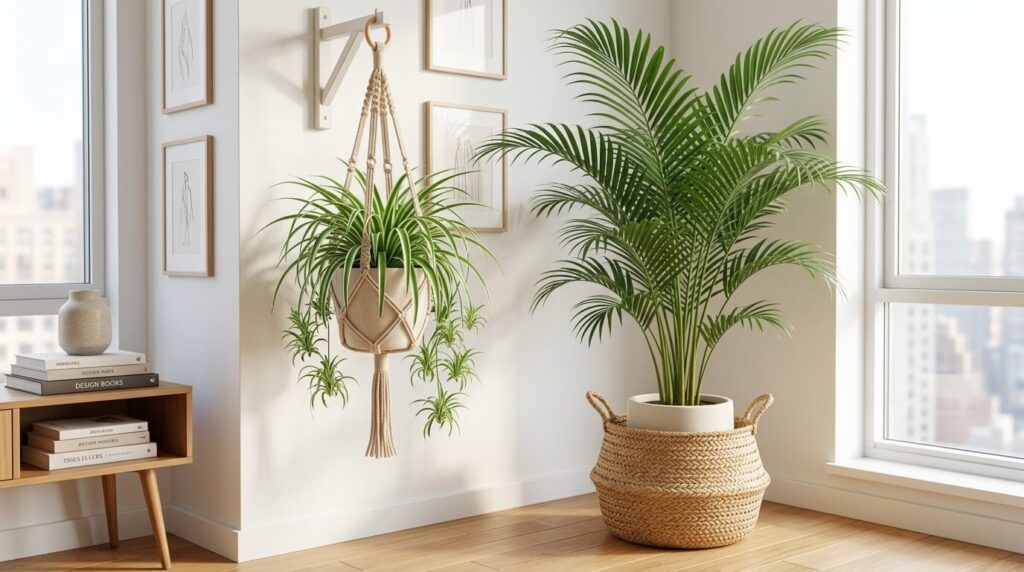 A hanging Spider Plant and Areca Palm representing top dog safe air purifying plants