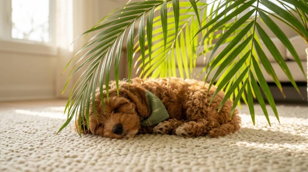 A dog sleeping safely under a Parlor Palm showing the benefits of dog safe air purifying plants
