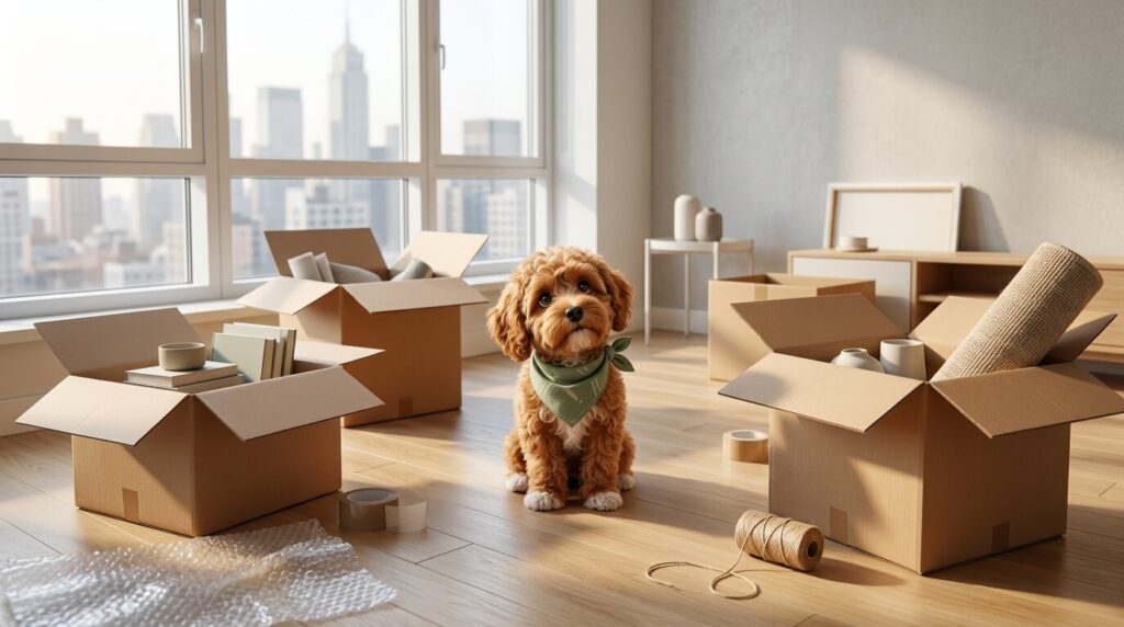 A dog sitting among boxes during the process of moving into a new apartment with a dog.