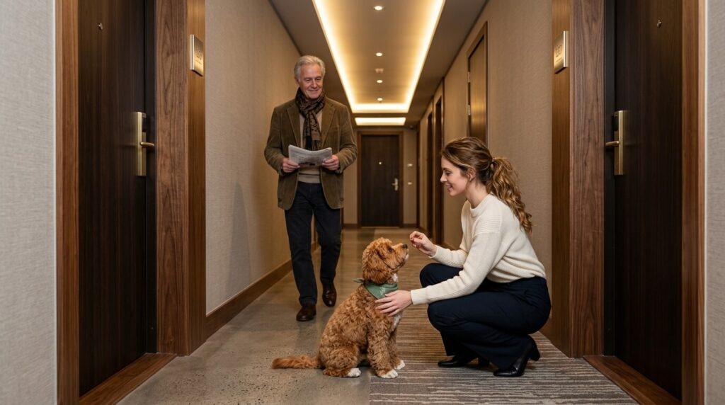 Training a dog to be quiet in a new apartment hallway to prevent neighbor complaints.