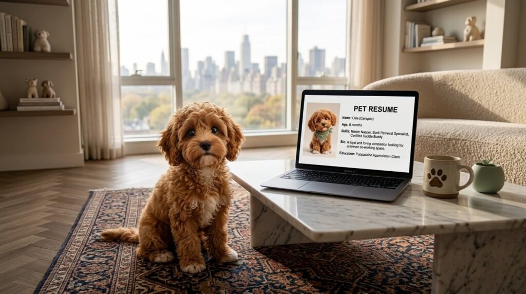 A dog helping create a dog resume for rental to impress strict landlords.
