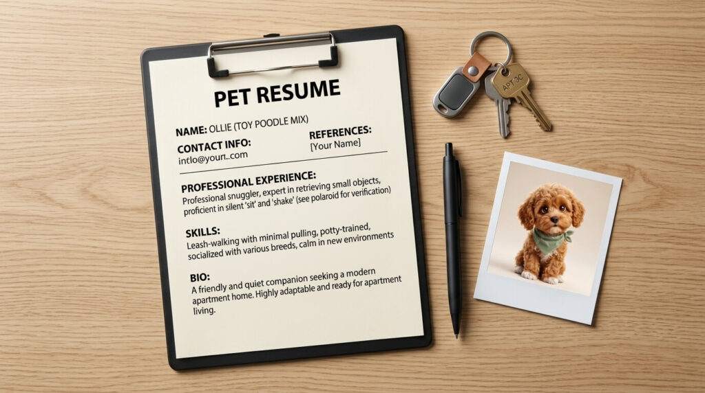 A professional dog resume for rental template on a clipboard.