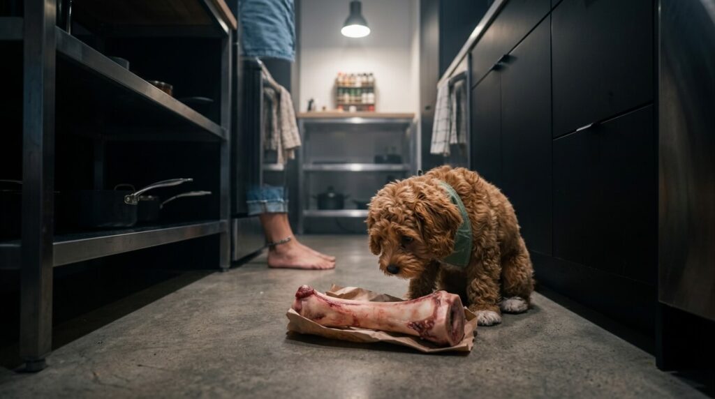 A dog showing signs of needing dog resource guarding training in a narrow apartment kitchen.