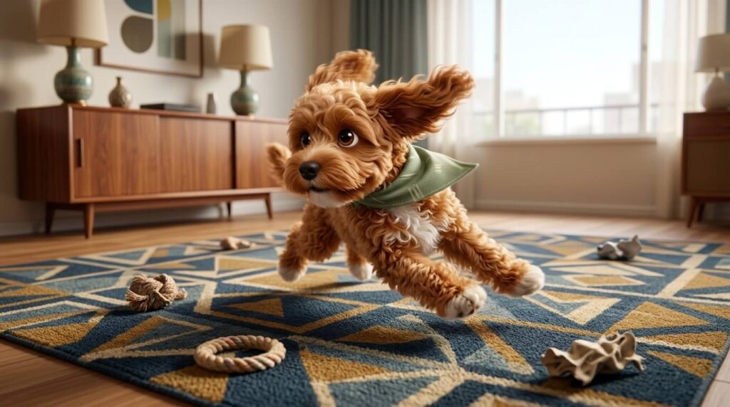 A Cavapoo puppy running frantically showing the reality of dog zoomies in apartment