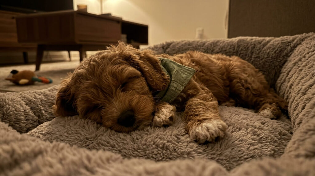 A tired puppy fast asleep after having dog zoomies in apartment