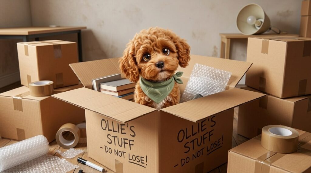 A Cavapoo puppy sitting in a moving box feeling anxious about moving to apartment with dog
