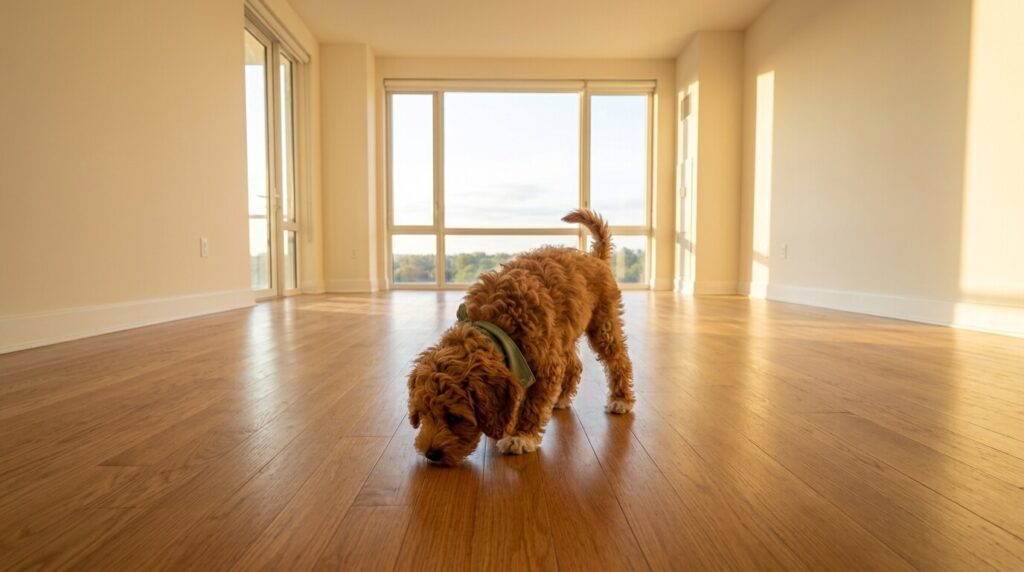 A dog exploring a new empty unit during the process of moving to apartment with dog